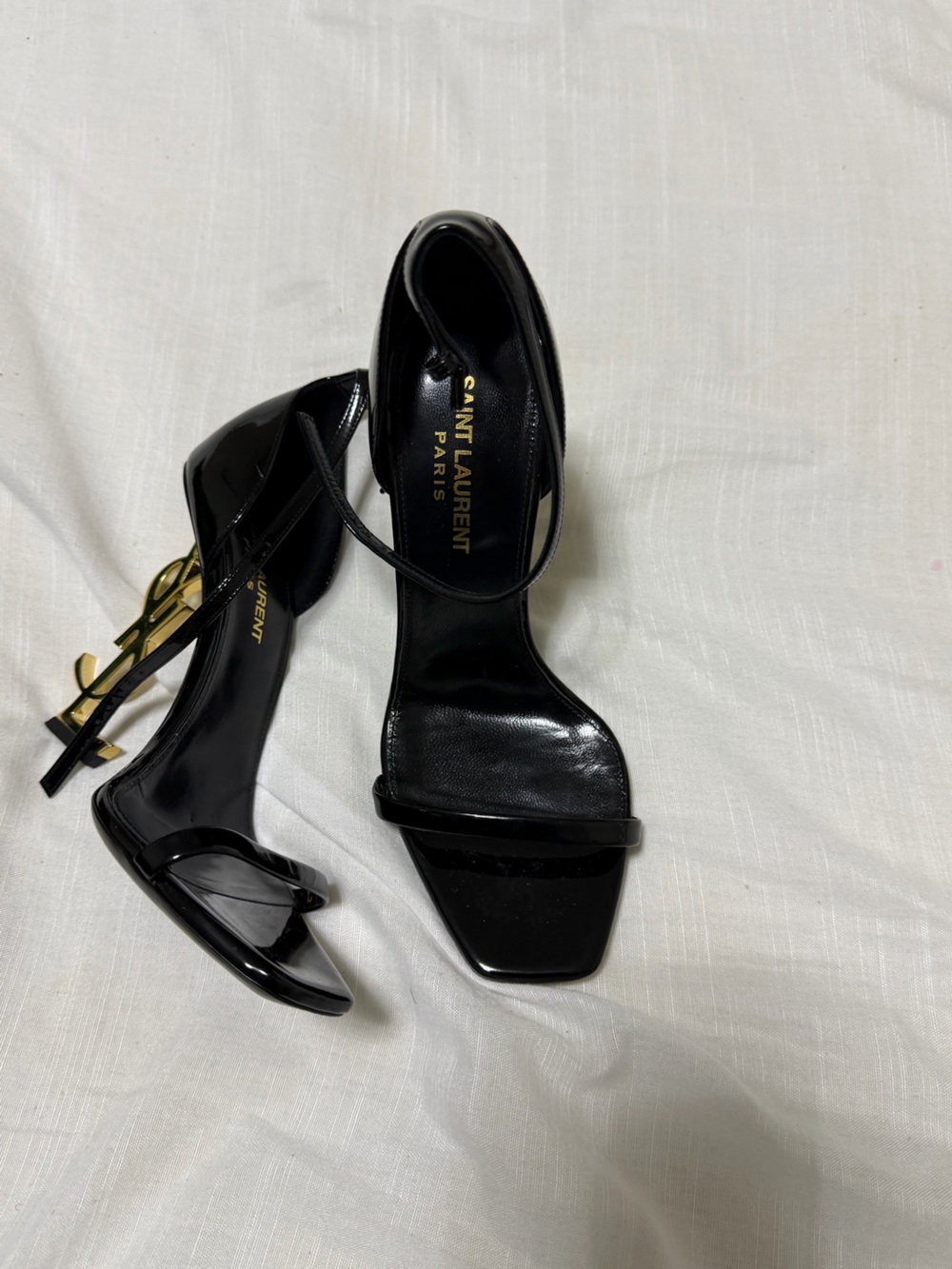 Saint Laurent Black Patent Leather Strappy Heels with Gold YSL Accent